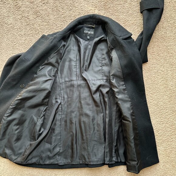 Express Pea Coat Womens Large Wool Blend Black Buttons Pockets - Picture 3 of 13